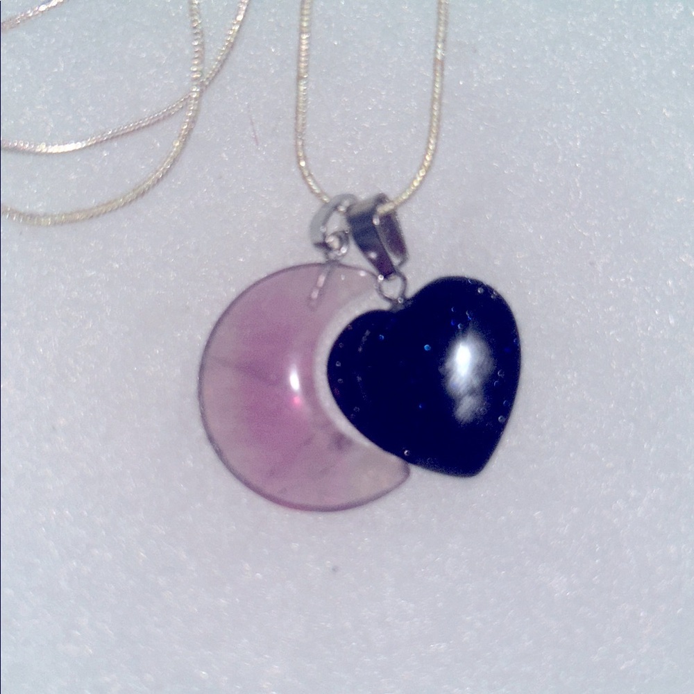 Boho hippie Amethyst Moon and Blue Goldstone Crystal heart Sterling Sil…